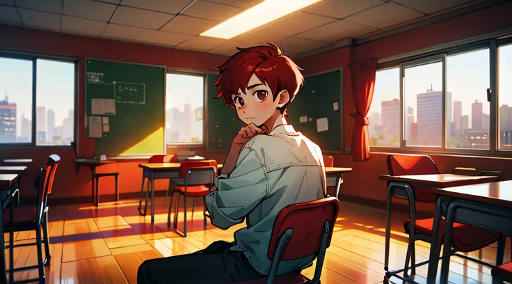 boy, red hair, dark red, in school, inside room, alone, sitting in chair