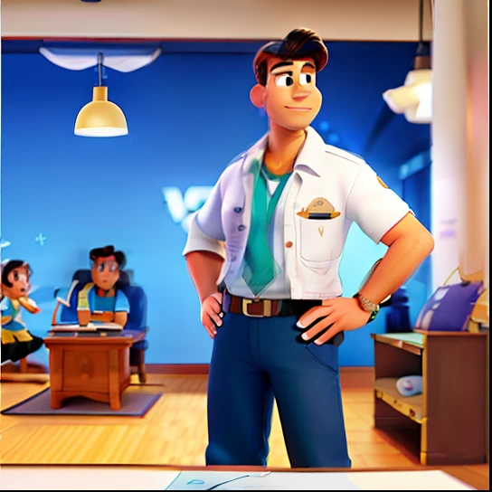 Poster no estilo Disney pixar, alta qualidade, melhor qualidade, homem sexy branco, 24 anos cabelo castanho, musculoso, com fundo em uma sala de cirurgia, medic