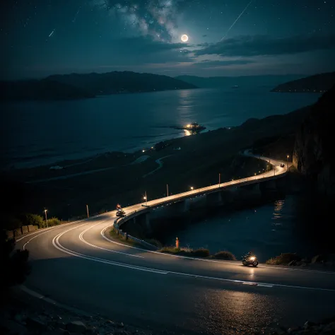 motorcyclists descending a winding road between the mountains by the sea with their motorcycles. Dark night with super moon reflecting in the sea and sky with many stars.