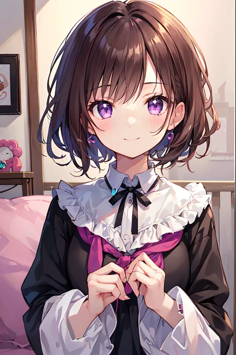 Mofumofu、oxytocin、(Best Quality), (Round face: 1), 1 girl, (High Detail Skin: 1.2), (Puffy eyes),  Smile, Soft lighting, High quality,  Shortcut Hair,Purple eyes、Brown hair、Inside a cute girls room