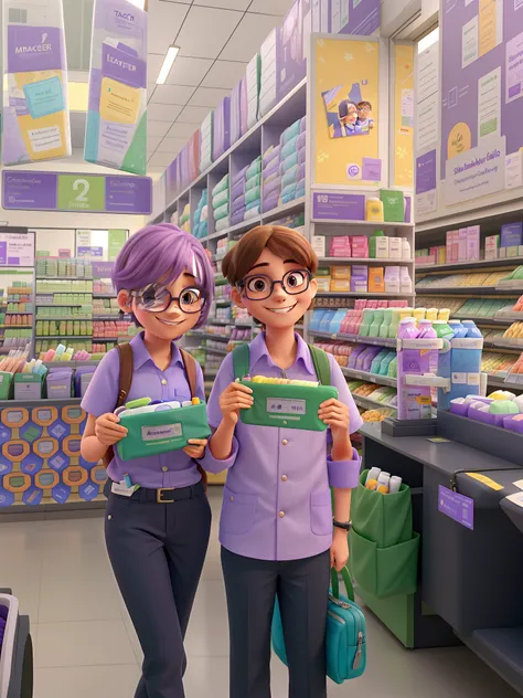 Two friends from the Atacadão supermarket who are cashiers, Being a girl with glasses smiling with a lilac mouth and a boy with glasses and smiling with braces holding the toiletry bag