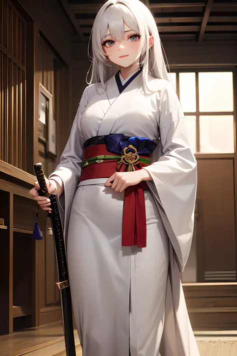 woman, long, straight white hair, white eyes because she is blind, burn scar covering the entire eye area, kind and welcoming expression, light green and white kimono, katana on her waist.