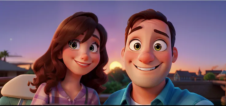 A couple, in Pixar Disney animation style, smiling with a beautiful sunset behind