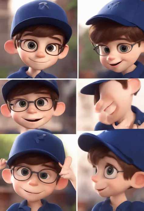 A happy cute boy standing short hair with dark blue cap , vestindo uma camisa azul , , fundo branco, barnet, Tom, Estilo Pixar, ........3d, desenhos animados, rosto detalhado, asymmetrical 16k