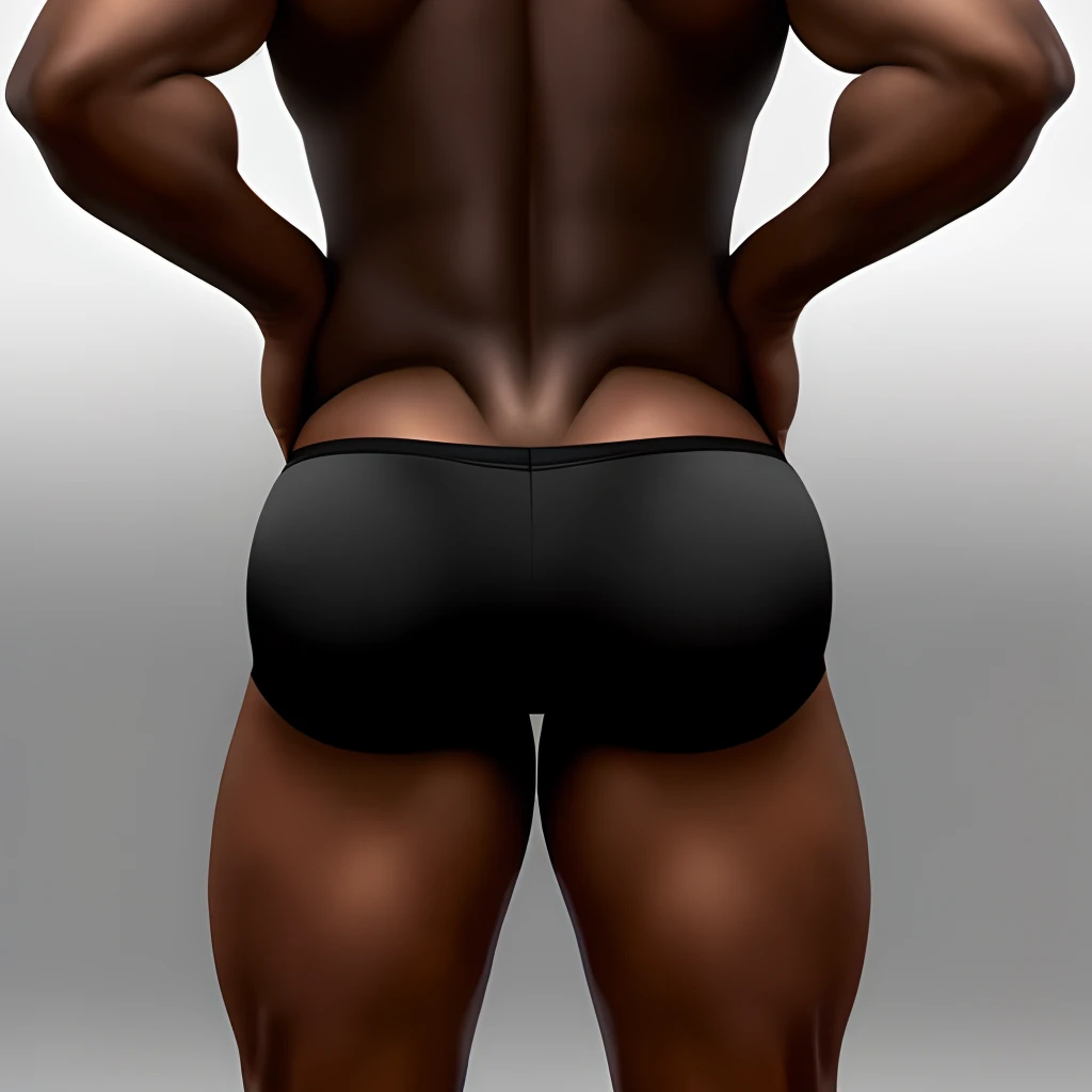 a black man standing with his back turned to the camera and his face facing the camera. He is wearing a black thong showing off his large butt.