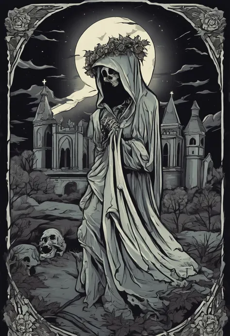 /imagine prompt: zombie ghost illustration for a sticker with a black background, castle, graveyard, in bold outline style, jagged edges, trashcore, light shading --v 5.2