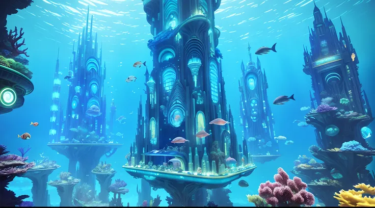 There is a large aquarium，There are a lot of fish in it, futuristic underwater metropolis, an underwater city, an underwater city, stuning fantasy 3 d render, Futuristic setting, in fantasy sci - fi city, futuristic utopian fantasy, surreal sci fi set desi...