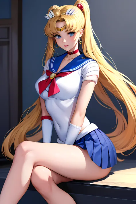 masterpiece, best quality, high resolution, 1 girl, solo, sailor senshi uniform, SMMoon, 1990s (style), blonde hair, magical girl, blue eyes, blue skirt, elbow-length gloves, tiara, pleated skirt , blue sailor necklace, miniskirt, choker, blue choker, whit...