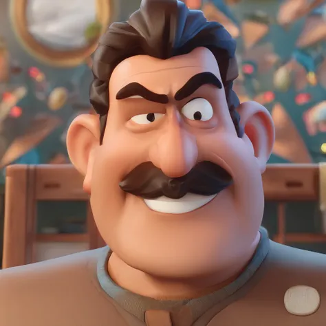 Crie um cartaz inspirado na Disney Pixar com o personagem negro confeiteiro, Um homem de cabelos pretos com barba media, com bolos fouet