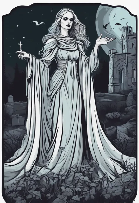 /imagine prompt: female ghost illustration for a sticker with a black background, castle, graveyard, in bold outline style, jagged edges, trashcore, light shading --v 5.2