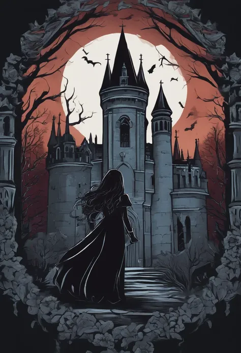 /imagine prompt: female ghost illustration for a sticker with a black background, castle, graveyard, in bold outline style, jagged edges, trashcore, light shading --v 5.2