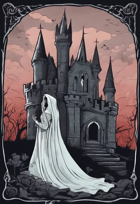 /imagine prompt: female ghost illustration for a sticker with a black background, castle, graveyard, in bold outline style, jagged edges, trashcore, light shading --v 5.2