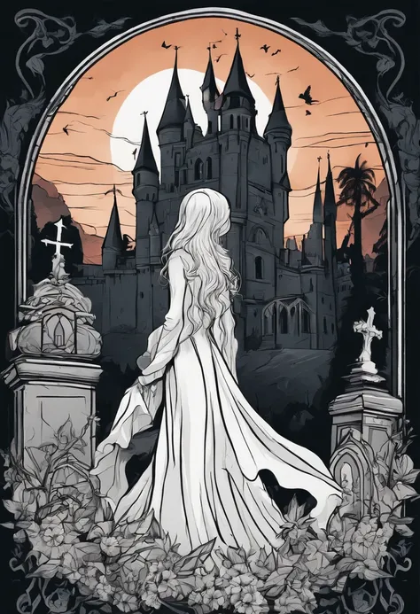 /imagine prompt: female ghost illustration for a sticker with a black background, castle, graveyard, in bold outline style, jagged edges, trashcore, light shading --v 5.2