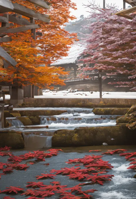 live action、very real、snowflake、colored leaves、a river、from the air