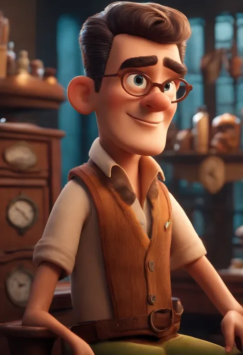 A Dream Barber Inspired by Pixar Animation, de perto. The character takes center stage with captivating facial expressions, oferecendo um toque de irrealidade, Cabelo curto e gordinho gradiente