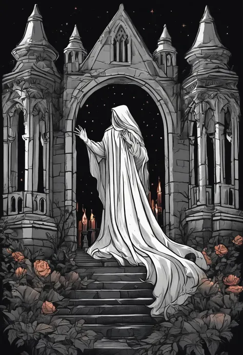 /imagine prompt: female ghost illustration for a sticker with a black background, castle, graveyard, in bold outline style, jagged edges, trashcore, light shading --v 5.2