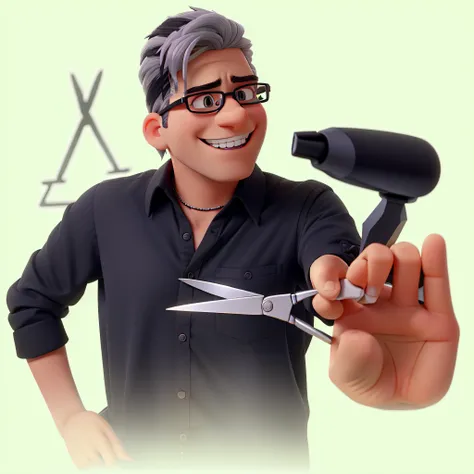 A man, with white streaked hair, wearing glasses, wearing a black shirt, laughing, smiling, with scissors in his hand cutting a womans hair. In the background is your beauty salon, with red, lead and neon lights, with counters and salon chairs. In the back...