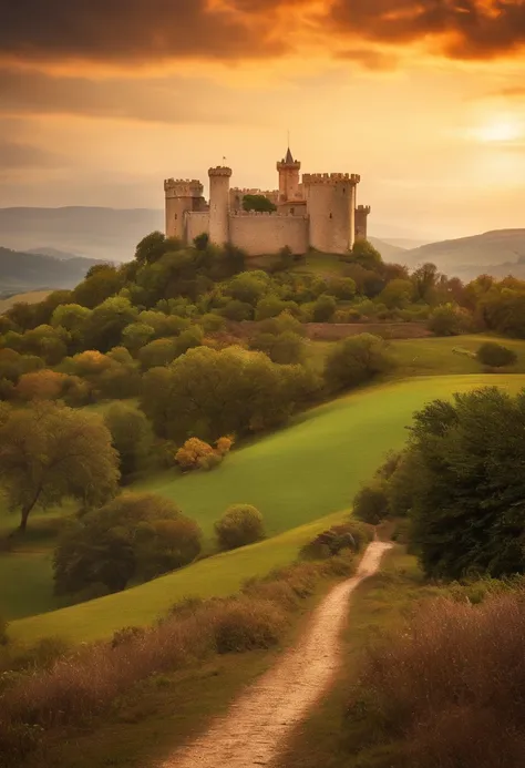 Poderia criar um homem medieval o carrasco em frente a um castelo e uma paisagem