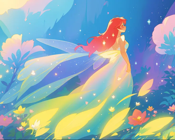 beautiful fairy girl in colorful flowing dress, fairy dress, (huge sparkling fairy wings), fairy queen, ((magical colorful otherworldly landscape)), ((fairy plants and flowers)), meadow filled with flowers of all types and colors, (glowing fairy wings), gl...