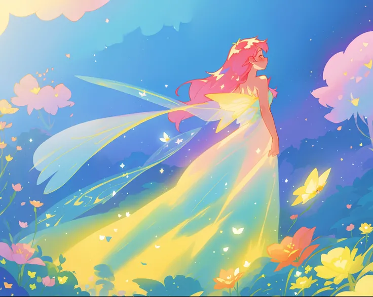 beautiful fairy girl in colorful flowing dress, fairy dress, (huge sparkling fairy wings), fairy queen, ((magical colorful otherworldly landscape)), ((fairy plants and flowers)), meadow filled with flowers of all types and colors, (glowing fairy wings), gl...