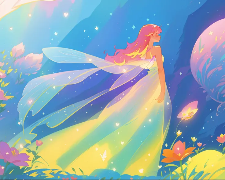 beautiful fairy girl in colorful flowing dress, fairy dress, (huge sparkling fairy wings), fairy queen, ((magical colorful otherworldly landscape)), ((fairy plants and flowers)), meadow filled with flowers of all types and colors, (glowing fairy wings), gl...