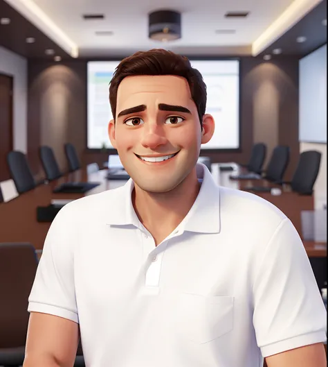 smiling man in white polo shirt in front of a conference room