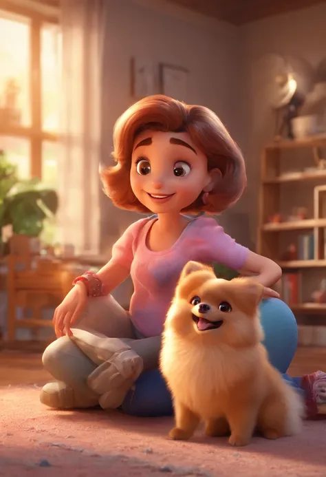 Estilo Pixar: Adult man is playing with a girl is a Pomeranian puppy Lulu,3D Poster,Disney