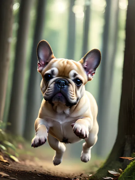 close-up photo of a French Bulldog puppy jumping very cute in the forest, Fawn Color Soft Volumetric Lights (retroiluminação: 1.3), (kinematics: 1.2), detalhes intrincados (ArtStation: 1.3), Rutkowski