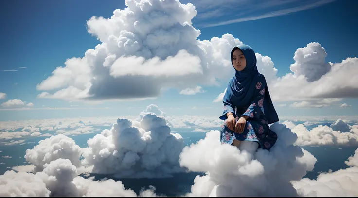 Capture the Malay girl in blue hijab and floral pattern baju kurung sitting on a fluffy cloud high in the sky. The cloud acts as her personal retreat in the sky, suspended above the world below, 28mm lens, Establishing shot, muted color grading, cinemascop...