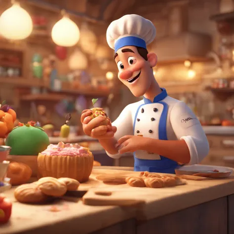 Create a Disney Pixar-inspired poster with the character being a dreamy pastry chef, a man wearing dolma, em uma confeitaria com um fouet sobre a mesa bolos