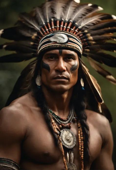 Hyperrealistic cinematic image of a native Indian with feathers on his head, Arte nativa americana, Indian warrior, Nativo americano, Guerreiro nativo americano, Arte nativa, Um guerreiro nativo americano, indigenous man, eagle feather, Guerreiro habilidos...