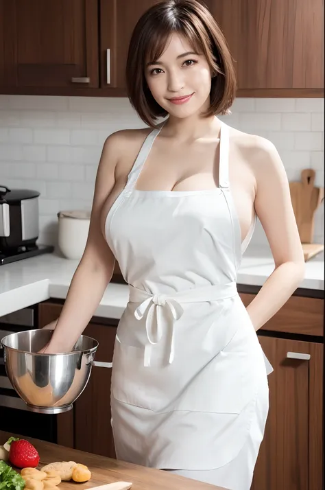 40 year old woman, Beautiful expression, A detailed eye, 二重まぶた, Detailed lips, lightsmile, (((Huge breasts))), (((White breastplate apron))), Short brunette hair, thighs thighs thighs thighs, Standing, (Photorealsitic:1.4), (Top image quality:1.0), (超A hig...