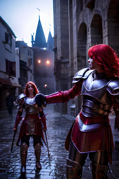 red hair, purple armor, light bearer warriors, medieval city, dark, buttle, epicd, war, surrealism, 8k, super detail, war, fight...