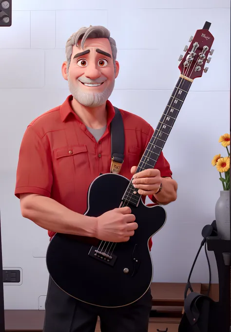 53-year-old man, very short gray hair, no beard, dark eyebrows, smiling, with a red shirt and holding a black guitar