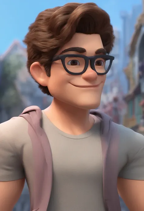 Estilo Pixar: Jovem homen de pele escura, com aproximadamente 30 anos com barba extremamente curta, Shaven done at zero wearing a gray t-shirt with thin copper-colored round glasses with shaved hair on the sides, cabelo crespo muito cacheado, cabelo com co...