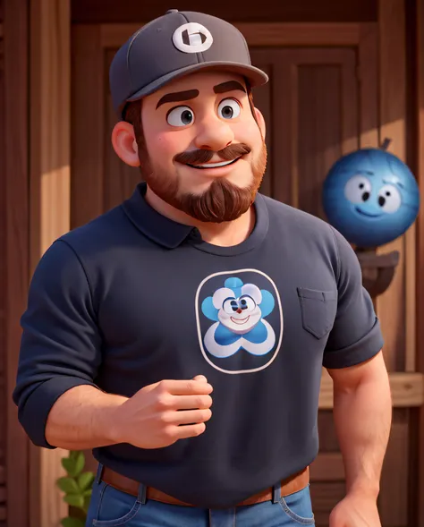 Um homem estilo disney pixar, alta qualidade, barbudo, barba castanha, vestindo camisa preta, wearing black cap, usando luvas pretas, melhor qualidade