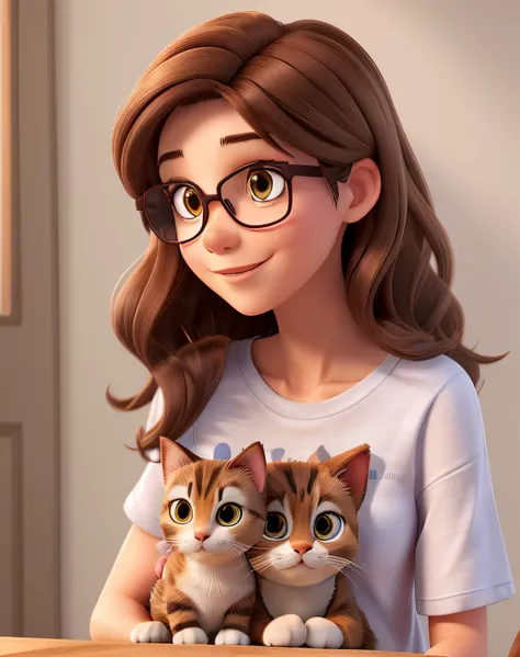 beautiful woman, 40 years old, straight brown hair, dark brown eyes, glasses, wearing a t-shirt with a cat drawn on it