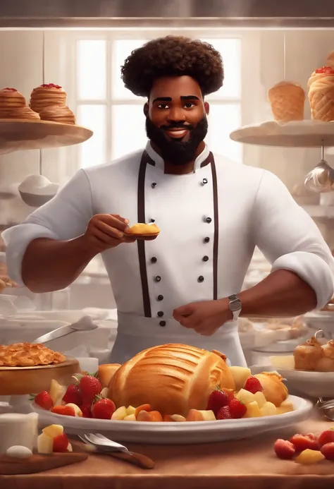 Create a Disney Pixar-inspired poster with the character being a pastry chef, black man, curly hair with beard, medium-sized, dreamy, um homem vestindo dolma, em uma confeitaria com um fouet sobre a mesa bolos