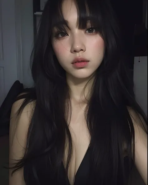 mulher arafed com cabelo preto longo e um vestido preto, cruel korean goth girl, Ela tem cabelo preto com franja, Asian face, messy bangs, pale round face, detailed face of a asian girl, cabelos escuros longos com franja, Asian girl, south east asian with ...