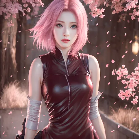 chica anime con cabello rosa y vestido de cuero negro sosteniendo una pistola, Sakura Haruno, Haruno Sakura, deviantart artstation cgscosiety, Arte digital de estilo anime, Estilo anime 4K, sakura petals around her, Anime style. 8k, Estilo realista de anim...