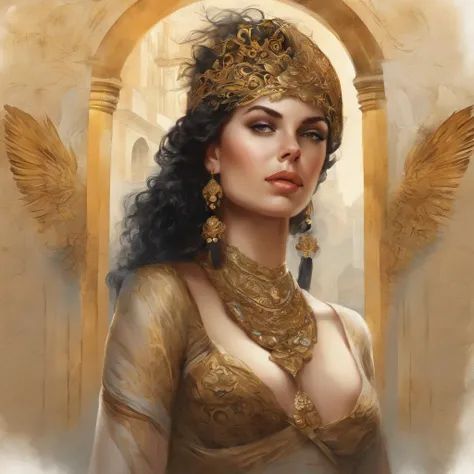 uma pintura de uma mulher com um cocar dourado e um vestido preto, Mucha Klimt e Tom Bagshaw, WLOP complexo, exquisite digital illustration, Bel arte UHD 4K, Arte digital altamente detalhada em 4k, stunning digital illustration, karol bak uhd, uma bela imp...