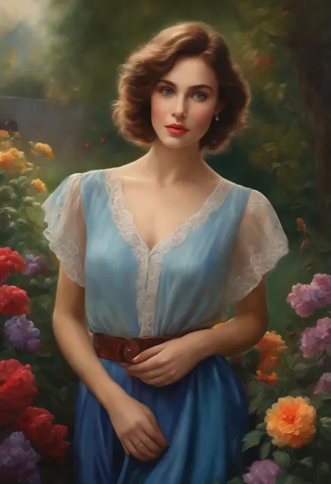 (best quality,ultra-detailed,realistic:1.37),(oil painting),(colorful),(soft lighting),A girl standing in a garden, with short hair dyed dark purple. She has unique eyes, one red and one blue, which gives her a heterochromatic look. She is wearing blue clo...