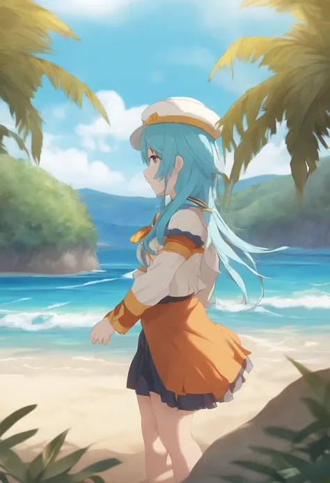 aqua de anime de konosuba con una minifalda de fondo una playa