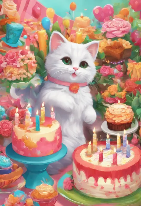 A CATS BIRTHDAY PARTY, gato ULTRA REALISTA EM 8K, SUPER DETALHES E CORES VIBRANTES, IMAGE WITHOUT RESIDUE, IMAGEM SEM ERROS, IMAGE WITHOUT TWO HEADS, IMAGEM SEM DUPLA FACE, DETALHES DO AMBIENTE SUPER TRABALHADOS, BOLO E VELAS SUPER DETALHADOS,