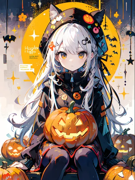 girl with orenge tied hair and a pumpkin hat, sit pose, halloween theme,