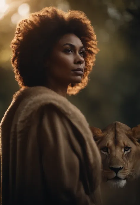 A lion and a black woman with short curly hair, Woman near lion Cinematic and realistic image with a very detailed environment