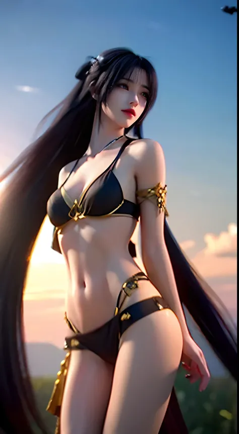 1girl, solo, long_hair, breasts, black_hair, navel, jewelry, standing, swimsuit, bikini, earrings, outdoors, black_eyes, looking_to_the_side, black_bikini, looking_away, realistic