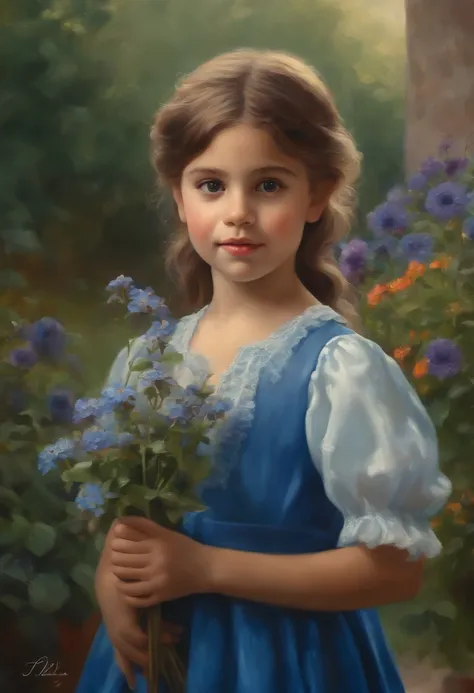 (best quality,ultra-detalhado,Realistic:1.37),(oil painting),(colorido),(soft lighting),A little girl standing in a garden, com cabelos curtos tingidos de roxo escuro. Shes got unique eyes, um vermelho e um azul, which gives it a heterochromatic look. Shes...