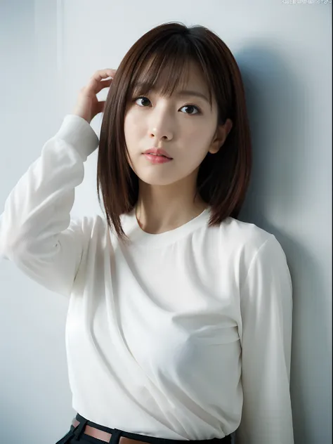 ((​masterpiece,top-quality)), (photographrealistic:1.4),((masutepiece,8K)),hight resolution, Japanese, 1 beautiful woman, Medium Hair, faint thin bangs, Looking at Viewer, Age 32 years old, Detailed skin, long-sleeve, T-shirt, wide-leg pants, Standing, Whi...