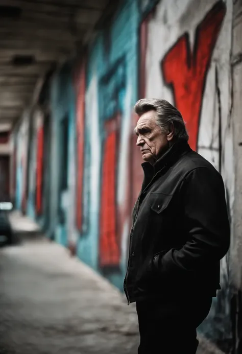 Johnny Cash, the man wearing a black t-shirt, short sleeve, stands in front of a graphitti art street. His hands are casually tucked into his pockets as he stares directly into the camera, his intense gaze capturing the attention of all who see it. The red...